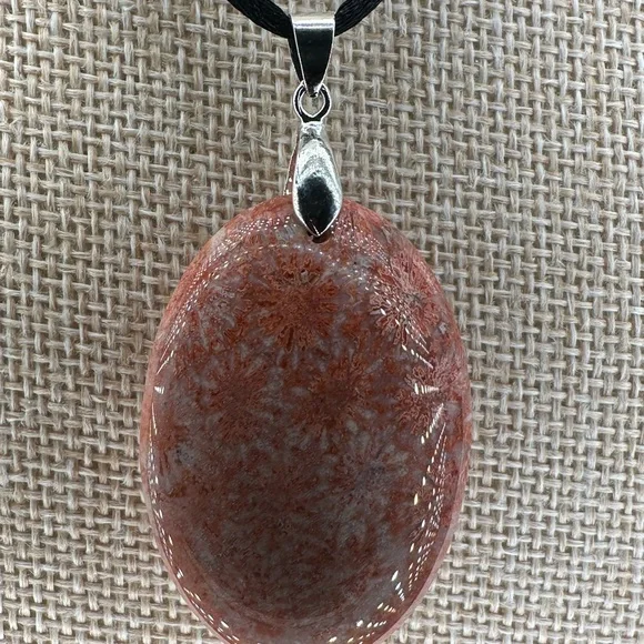 Orange and Pink/Lavender Coral Fossil Oval Pendant on Black Satin Rope - Picture 4 of 12